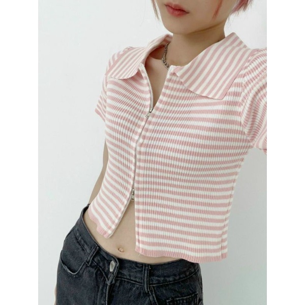 Áo croptop sọc cổ bẻ zip kéo (A15