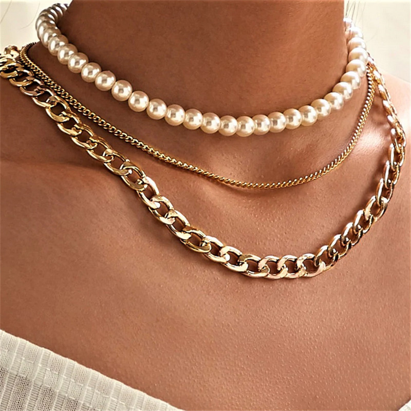 Vòng cổ choker nhiều lớp chuỗi xích dày mạ vàng và chuỗi ngọc trai phong cách retro thời trang cho nữ