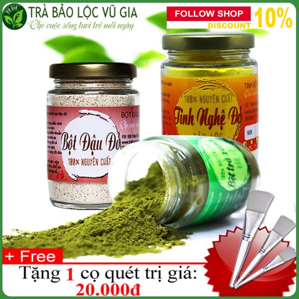 Combo Bột Trà Xanh Nguyên Chất 100g + Bột Đậu Đỏ Nguyên Chất 100g + Tinh Nghệ Đỏ Nguyên Chất 100g + Tặng Cọ Quét