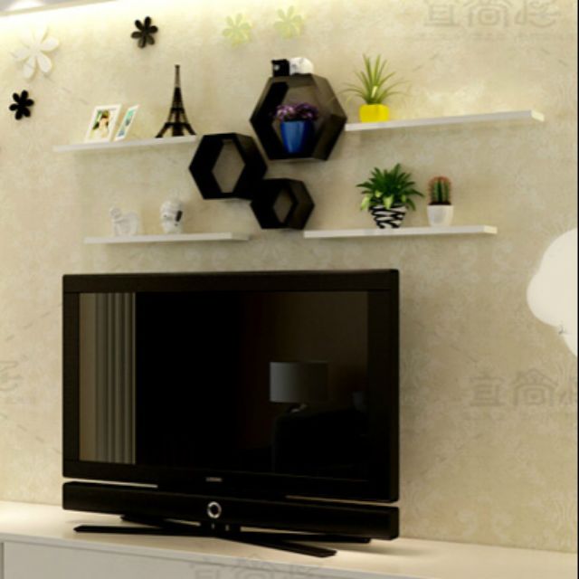 Kệ trang trí treo tường gồm 3 ô lục giác cạnh 9-11-13cm, + 4 thanh ngang 40x10cm + 3 hoa