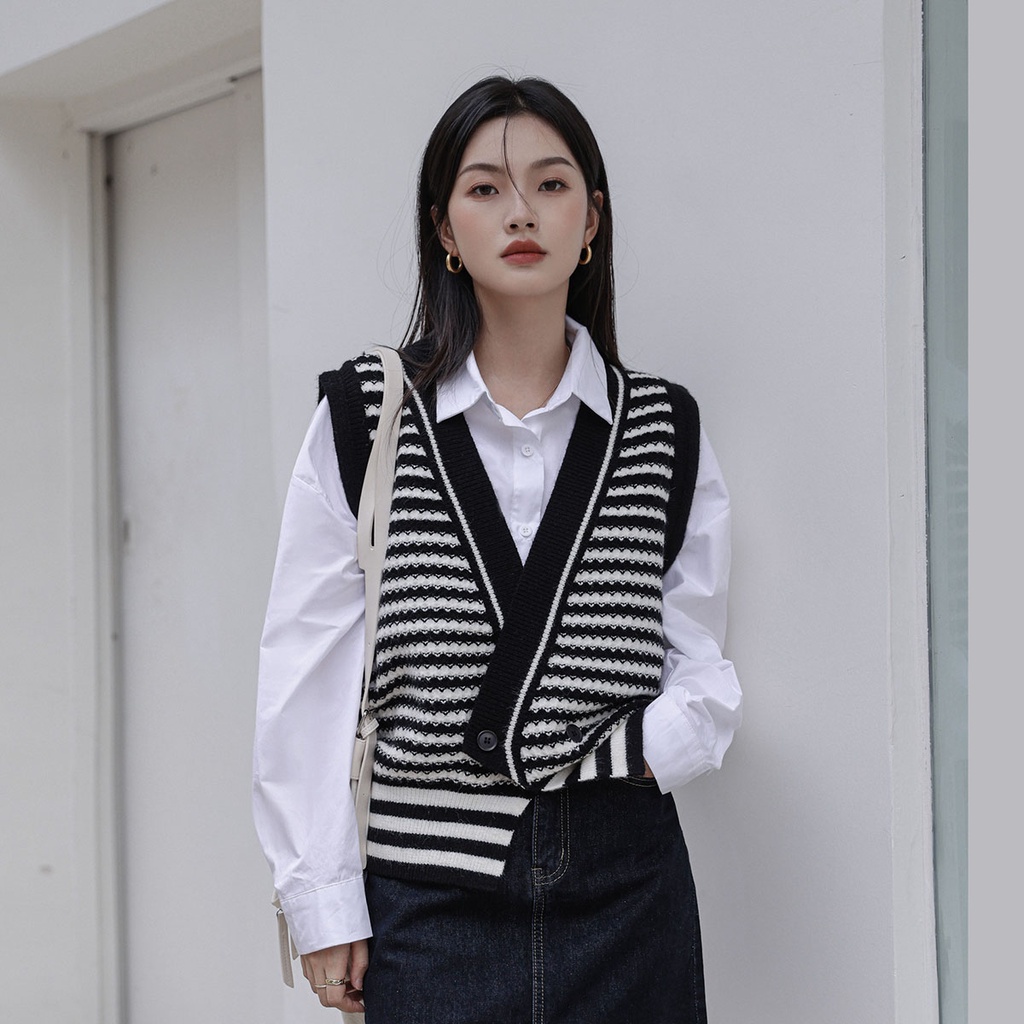 Áo Len Không Tay Họa Tiết Sọc Ngang Thời Trang Cho Nữ