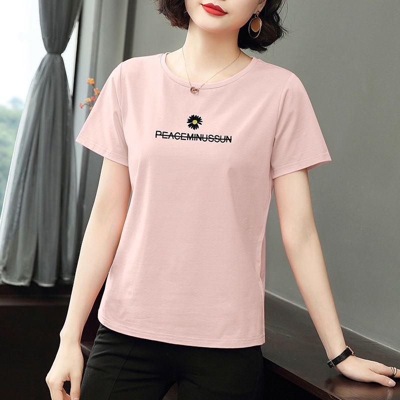 Áo Thun Ngắn Tay Thêu Họa Tiết Thời Trang Cho Phụ Nữ Trung Niên