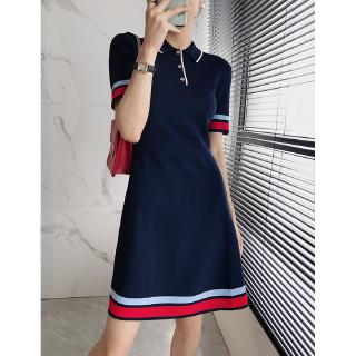Z Đầm Dệt Kim Cổ POLO Tay Lửng Dáng Ôm Họa Tiết Kẻ Sọc Màu Đỏ/Xanh Dương Tương Phản Phong Cách Hàn Quốc Thời Trang Cho Nữ