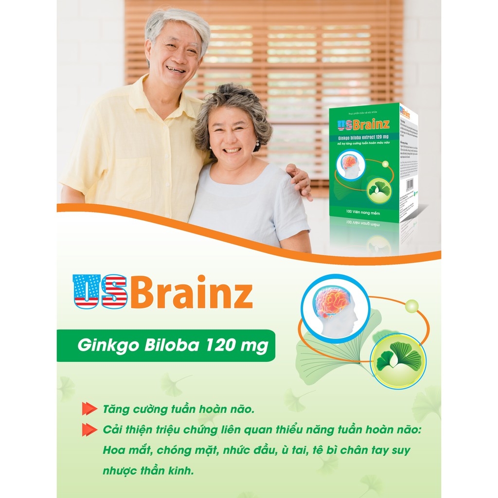 US Brainz chứa Ginkgo biloba tăng cường tuần hoàn máu não Hộp 100 viên