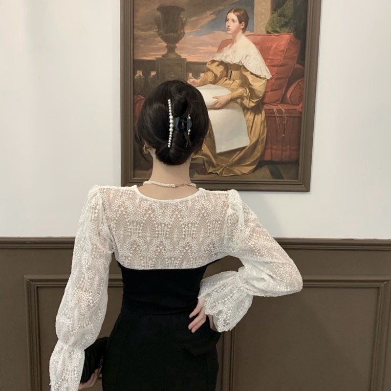 Áo dệt kim phối ren thời trang mùa thu mới dễ phối đồ dành cho nữ
