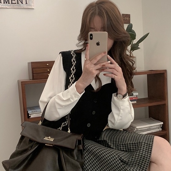 Áo len ZHELIHANGFEI không tay dáng rộng họa tiết kim cương theo phong cách đi học dễ phối đồ