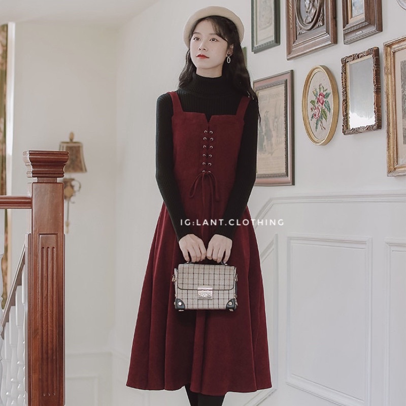 váy yếm nhung tăm đan dây