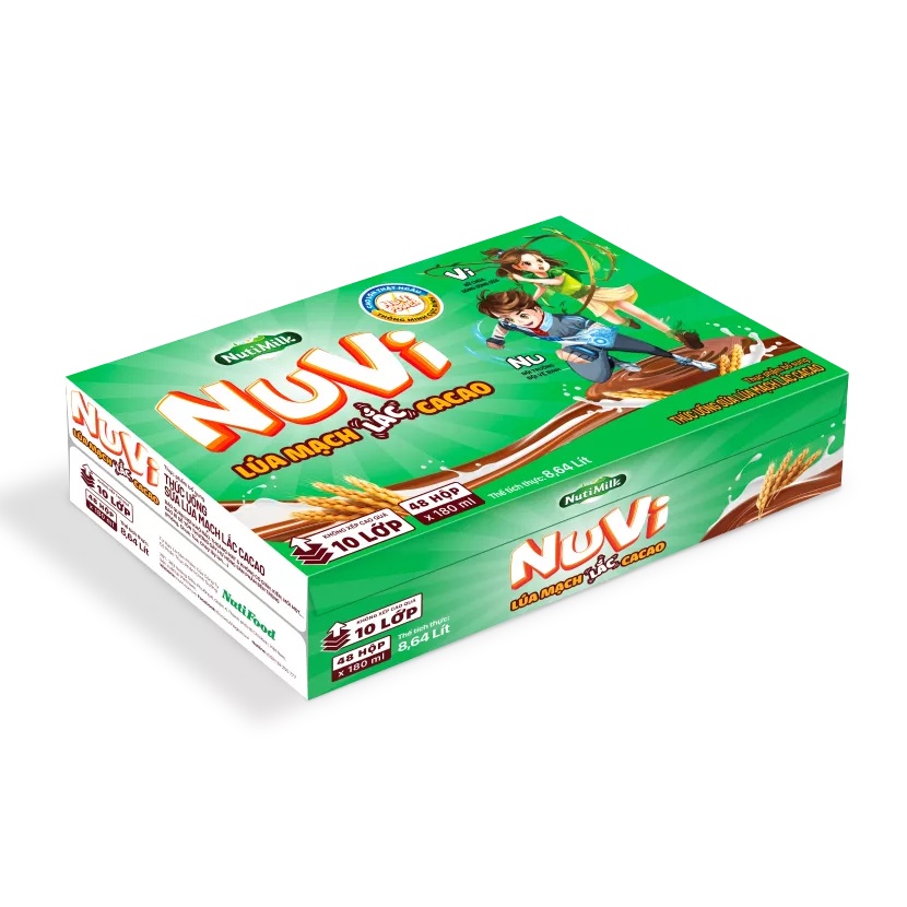 Thùng 48 hộp NuVi Thức Uống Sữa Lúa Mạch Lắc Cacao TU.NLL180SP 180ml - Thương Hiệu NUTIFOOD - TACAPU