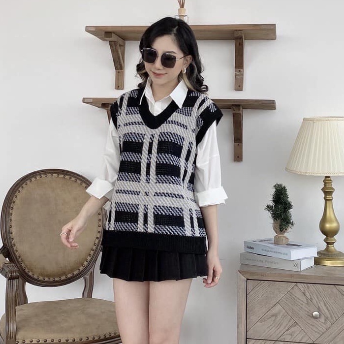 (có giá sỉ)  Áo gile kẻ caro viền đen chất len lông thỏ mềm mịn, Gile nữ cổ V năng động phong cách Hàn Quốc