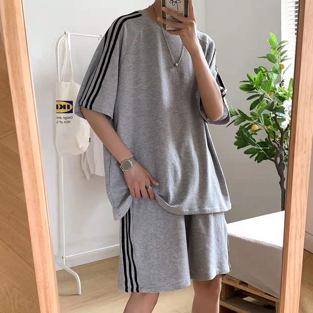 Set Thun Trơn 3 Sọc PEONYB Unisex [FREESHIP]  Bộ đồ cộc quần short ống rộng áo phông tay lỡ thể thao hàn quốc Ulzzang