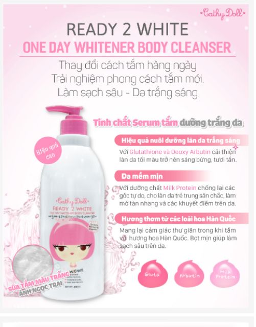 Sữa Tắm Trắng Da Cathy Doll Ready 2 White One Day Whitener Body Cleanser (450ml)