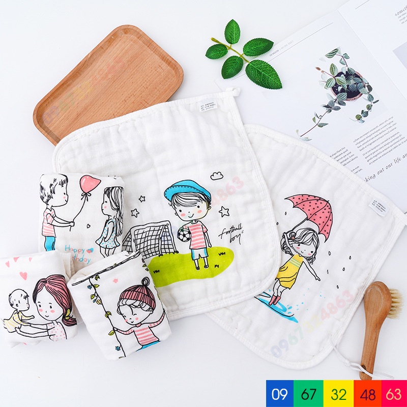 Khăn sữa xô 6 lớp NỀN TRẮNG HỌA TIẾT CAO CẤP rửa mặt loại dày siêu mềm mại cho bé