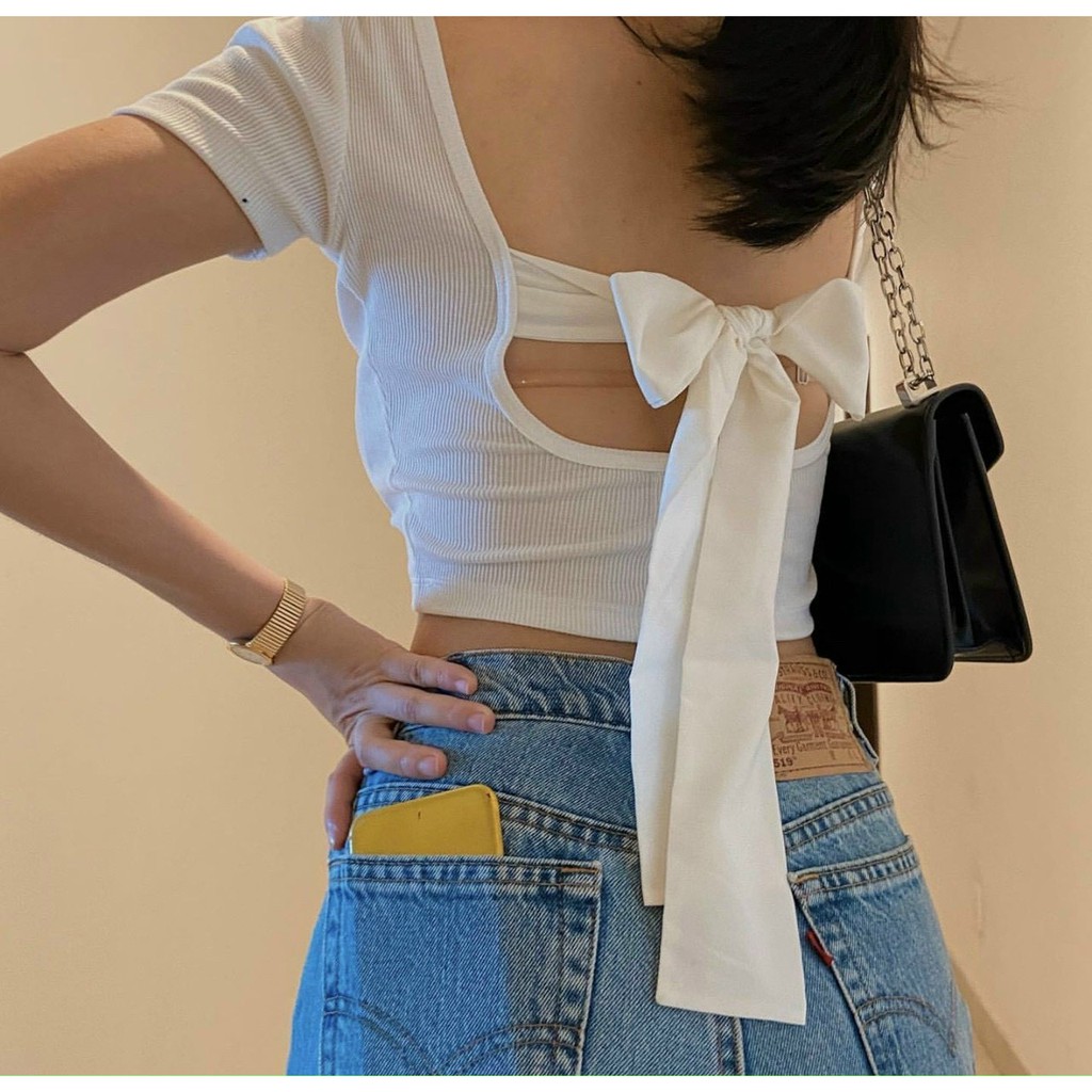 Áo thun Croptop nữ khoét lưng cột nơ dễ thương