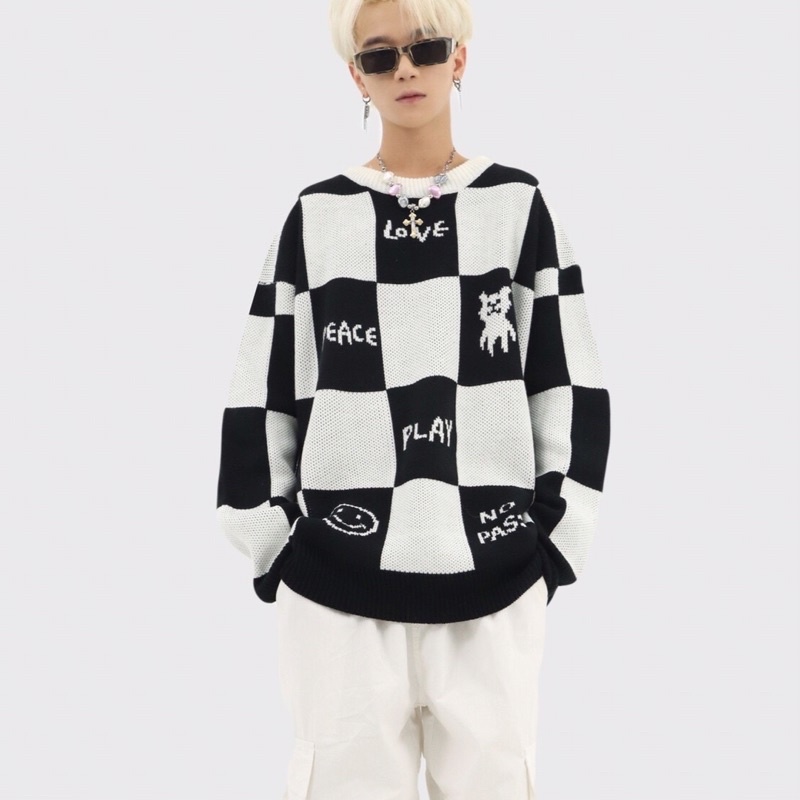 Checker Sweater / áo len caro unisex phong cách đường phố