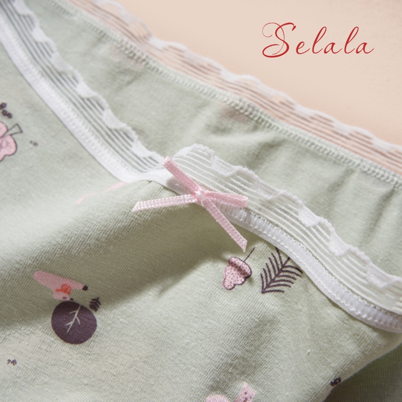 Set 5 Quần Lót Cotton Selala Họa Tiết Cute Viền Ren Phối Nơ Siêu Thông Thoáng QC38