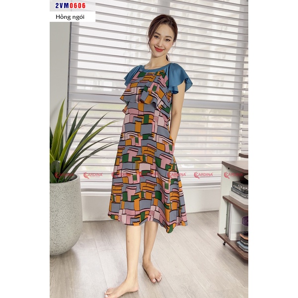 Đầm nữ CARDINA chất lụa Mango cao cấp phối tay Raglag dáng suông họa tiết tinh tế 2VM06