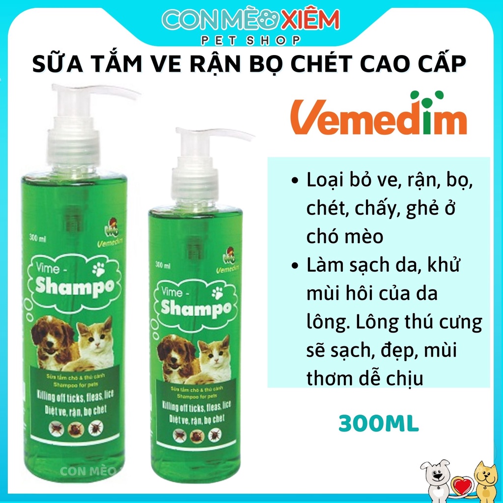 Sữa tắm chó mèo ve rận bọ chét Vemedim 300ml chai trong suốt, chăm sóc dưỡng lông thú cưng Con Mèo Xiêm