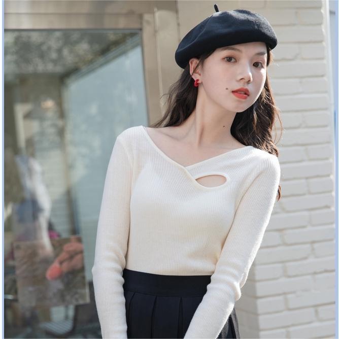 Áo dệt kim ZHELIHANGFEI tay dài dáng ôm thiết kế lỗ thời trang sang trọng dễ phối đồ cho nữ