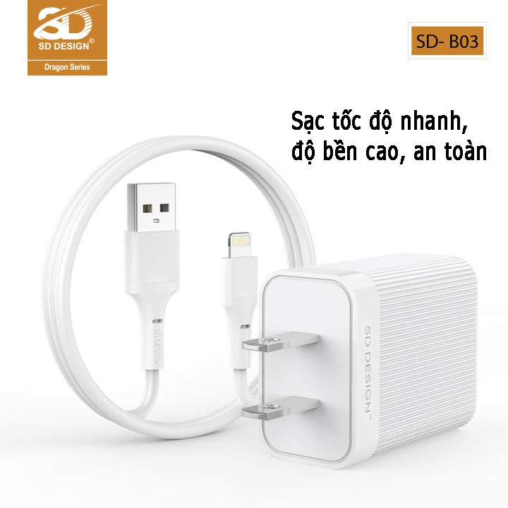 Củ sạc SD DESIGN B03 chính hãng hỗ trợ sạc nhanh cho các dòng điện thoại Iphone, samsung, oppo,... bảo hành 1 đổi 1