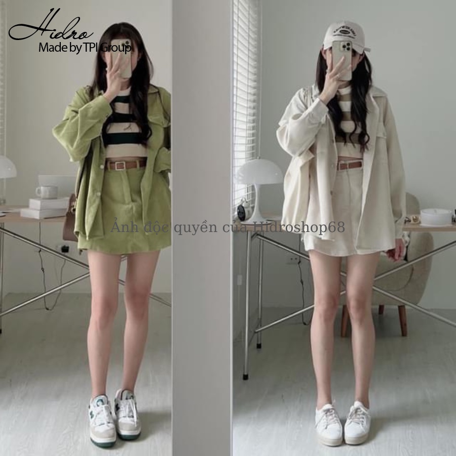 Set áo khoác sơ mi nhung tăm dài tay mix chân váy chữ A trẻ trung