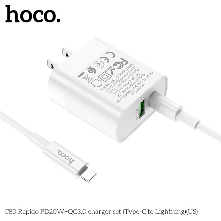 Bộ sạc nhanh 20W chĩnh hãng hoco 2 cổng sạc C80/C80A - Bảo hành 12 tháng