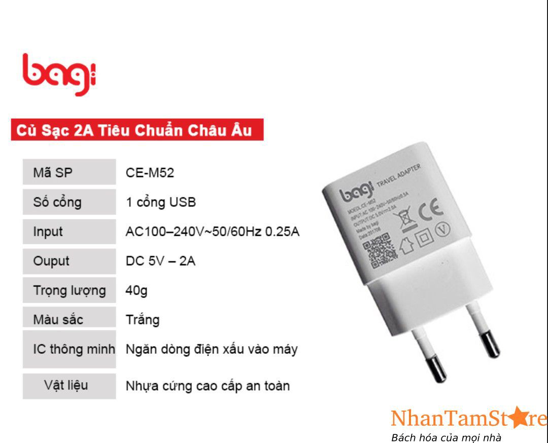 [PKDD] Củ sạc 5V-2A Bagi (có chứng chỉ CE châu âu) CE-M52