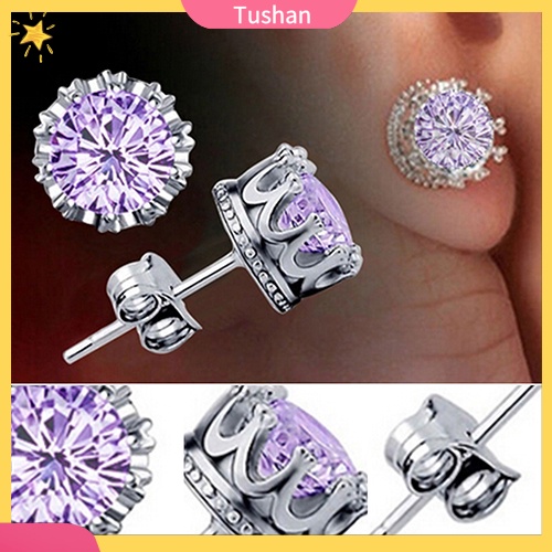 Khuyên tai mạ bạc hình vương miện đính kim cương giả sang trọng