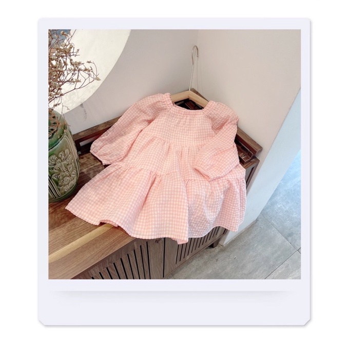 Váy Hồng Kẻ Caro Cổ Vuông Tiểu Thư Style Hàn Quốc NIAKI - TT35