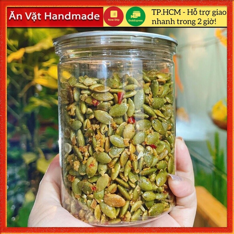 Hạt bí rang tỏi ơt thơm ngon hộp 300g, Đồ ăn vặt Sài Gòn