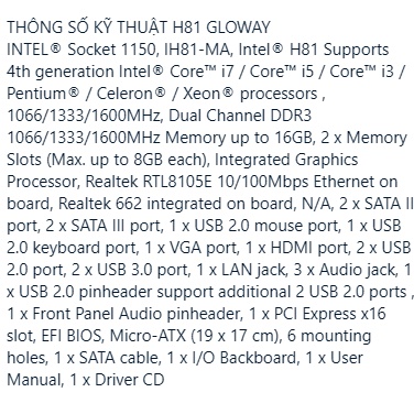 Main Gloway H81, H61 hàng chính hãng - Bảo hành 36 tháng !