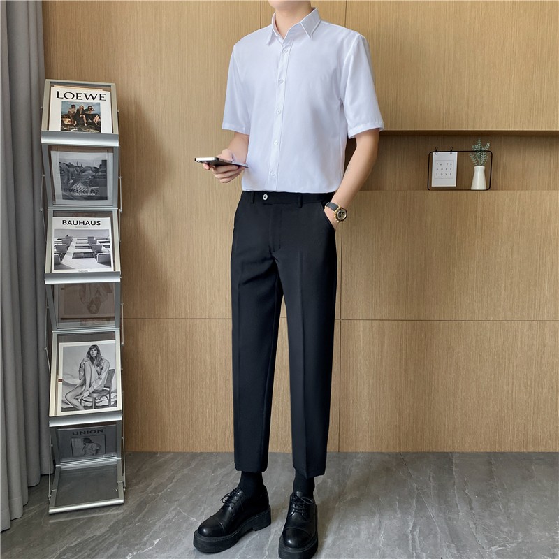 Áo sơ mi ngắn tay nam lụa trắng cao cấp, Áo sơ mi nam tay lỡ form Slim fit Hàn Quốc