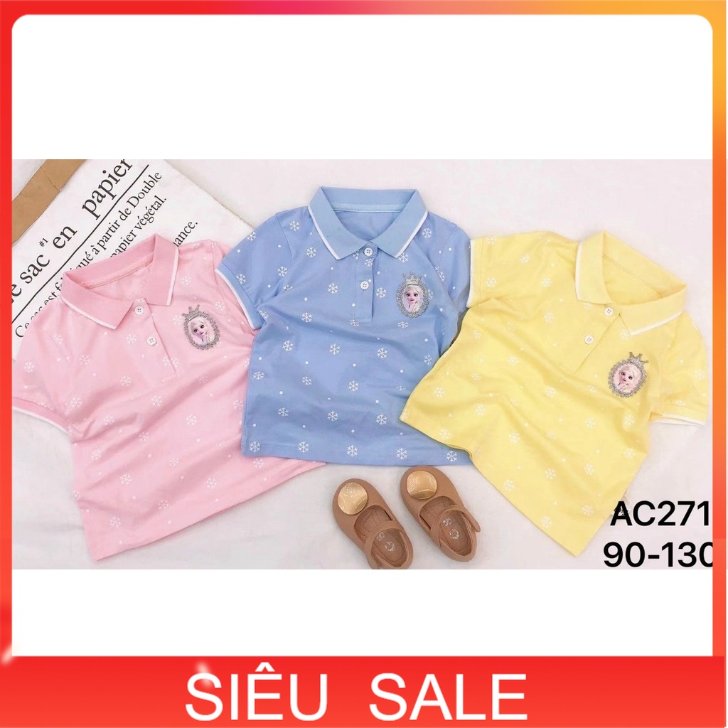 Áo cổ bẻ cho bé gái 1-6 tuổi cộc tay hình Elsa, Áo Polo trẻ em vải da cá cao cấp thoáng mát khỏe khoắn thời trang