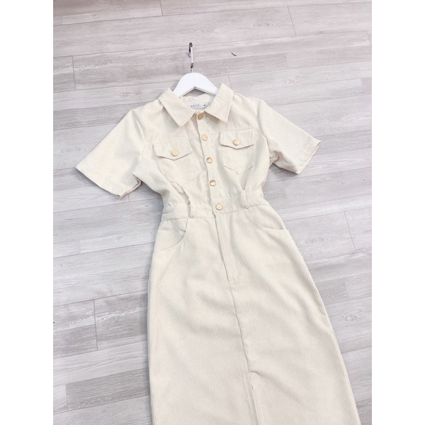 Váy nhung tăm 2 túi cúc đồng dáng dài 3 màu cho nữ