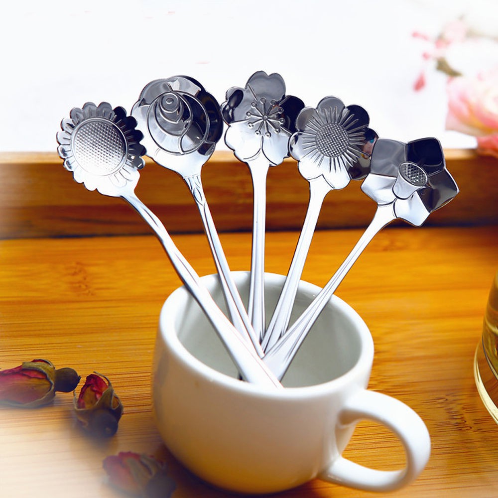 Coffee Spoon Flower Shape Sugar Tea Coffee Stainless Steel Silver Teaspoons