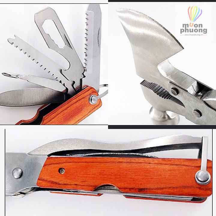 Búa rìu đa năng gọn nhẹ bằng thép 2CR13 không rỉ tay cầm gỗ thiết kế 2 đầu rìu và búa kết hợp thêm nhiều tính năng