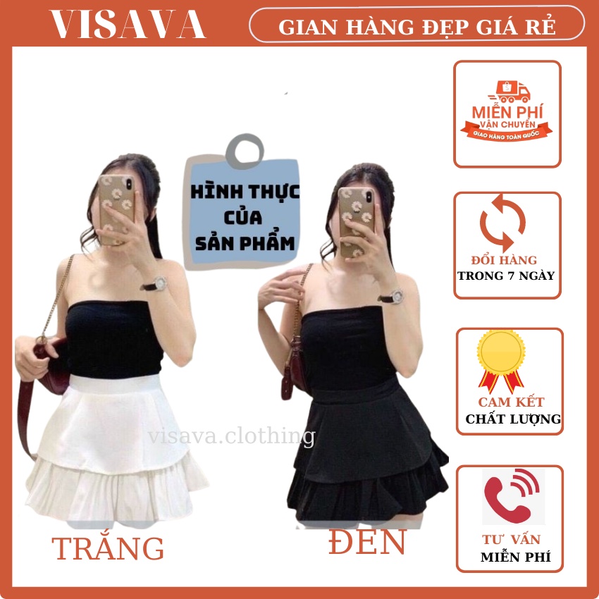 Chân Váy Tầng Xếp Ly  Xòe Dáng Ngắn 2 Tầng Lưng Cạp Cao VISAVA