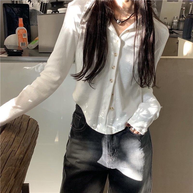 Áo sơ mi COZOK tay dài cổ polo dáng ôm phong cách Hàn Quốc