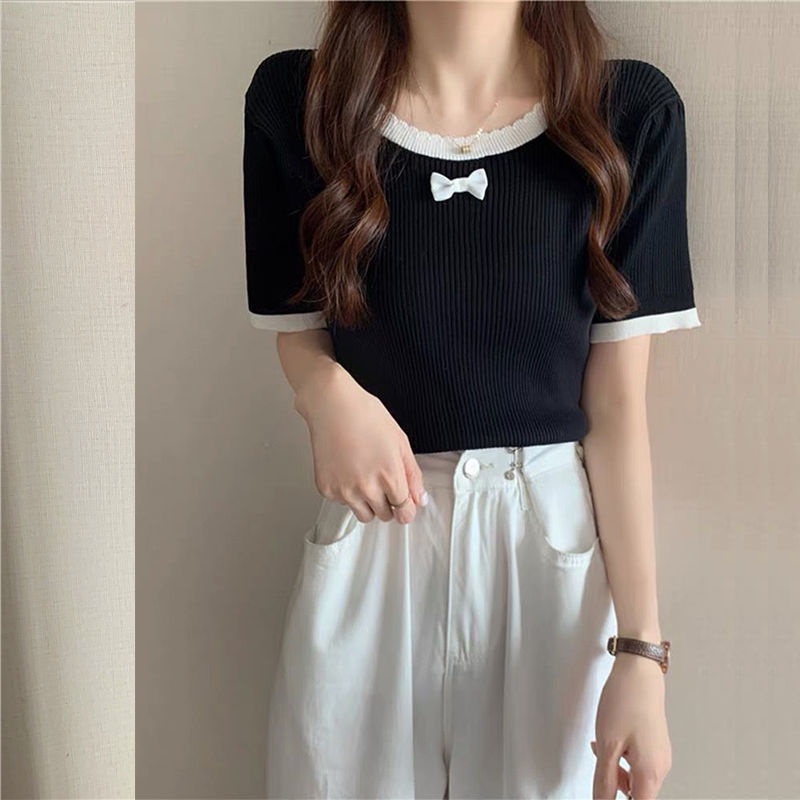 Áo Dệt Kim Tay Ngắn Phối Nơ Nữ Tính Trẻ Trung Hợp Thời Trang  tao bao