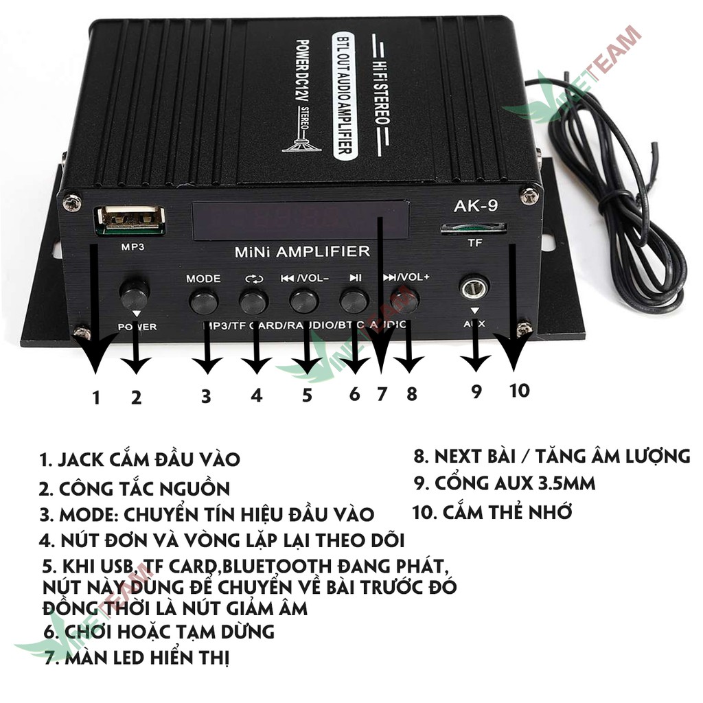 Bộ Khuếch Đại Âm Thanh Hifi Ampli Bluetooth Công Suất Lớn 40W AK-9 -DC4108