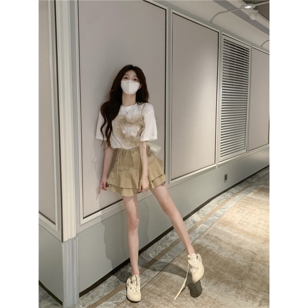 𝐇𝐞𝐚𝐫𝐭 𝐒𝐞𝐭- Set áo thun trái tim và chân váy kaki xoè tầng cạp cao baby hot ulzzang