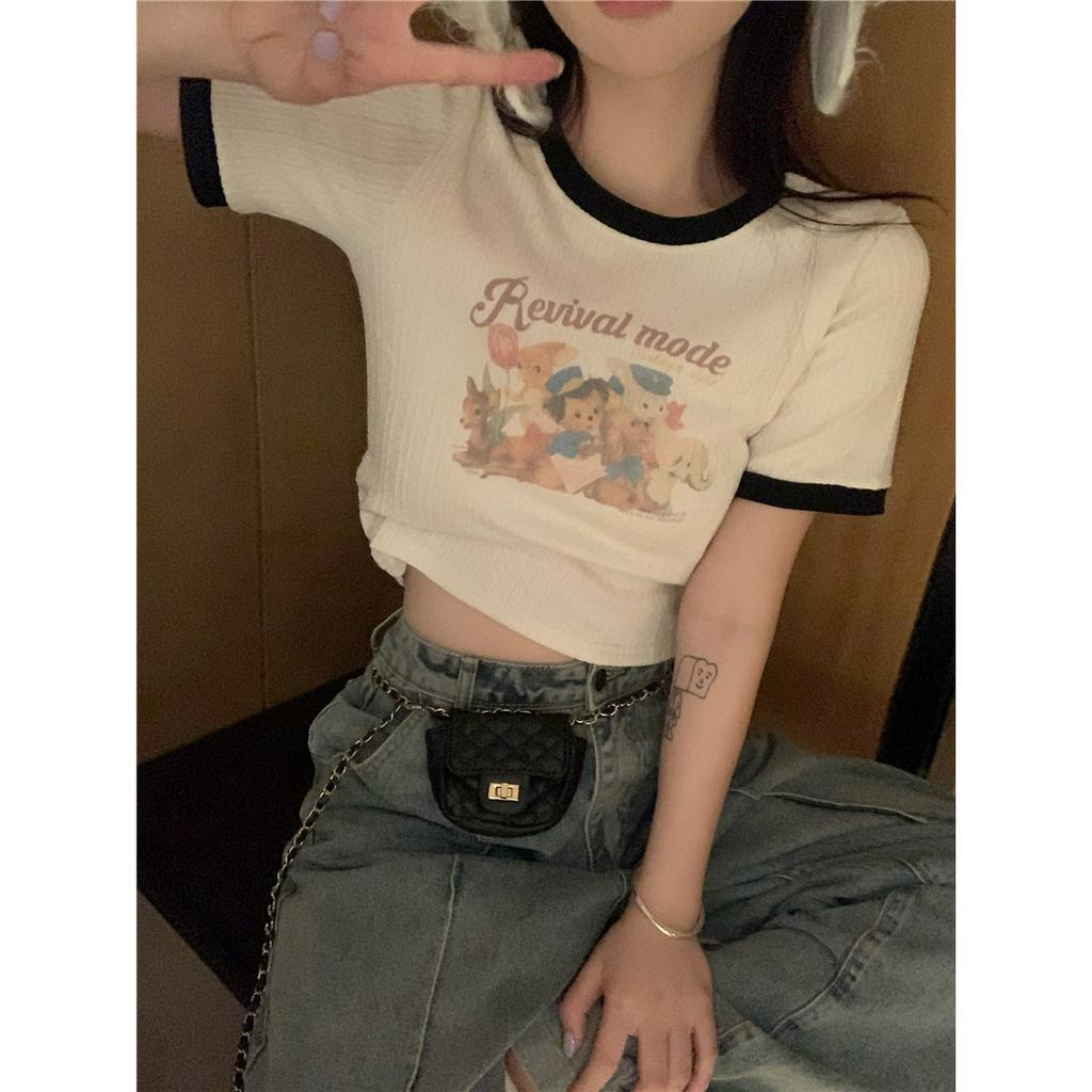 Ethelgirl Áo Thun Tay Ngắn Cổ Tròn Dáng Ôm In Họa Tiết Hoạt Hình Phong Cách Hàn Quốc Thời Trang Cho Nữ