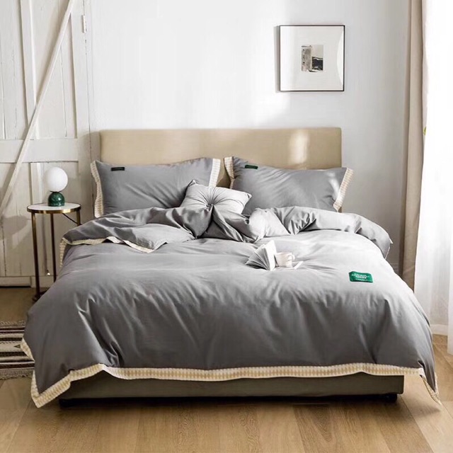 Set Chăn Ga Gối Cotton Lụa 60s Xám Phối Viền