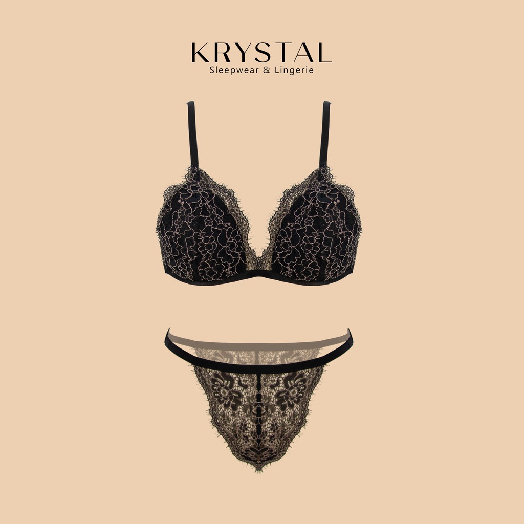 Bộ đồ lót ren không gọng mút mỏng màu đen phối ren vân trắng KRYSTAL Bralette KSB23