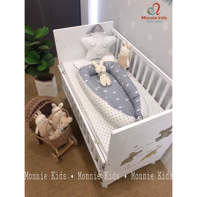 Nôi ngủ chung giường cho bé MONMON , nôi cotton Hàn Quốc họa tiết cho trẻ - Monnie Kids