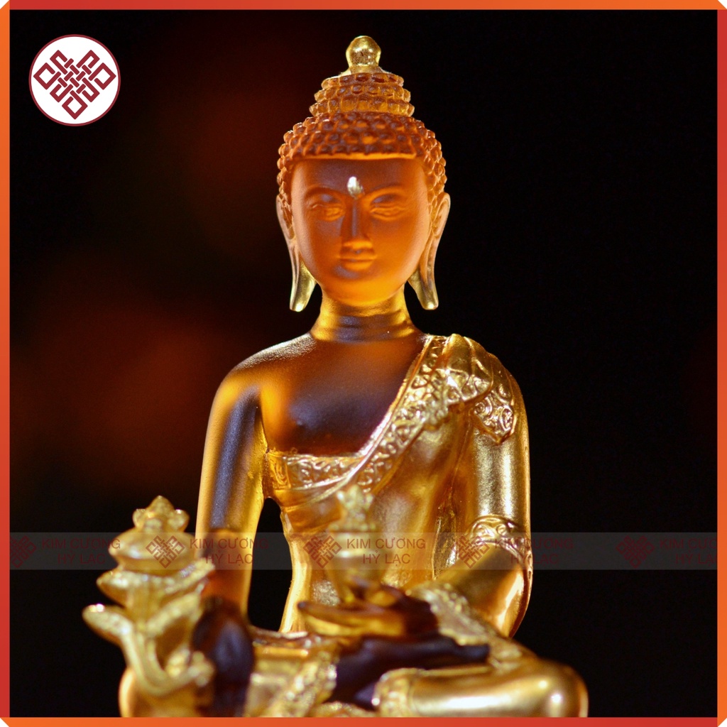 Tượng Phật Dược Sư Mật Tông [Kim Cương Hỷ Lạc] Lưu Ly Và Đế Sen Lưu Ly Màu Nâu