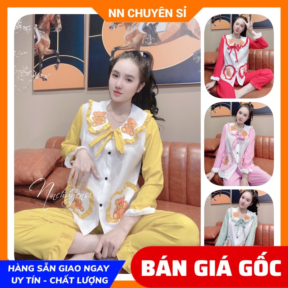 Đồ bộ kate tay dài in hình gấu hình hoạt hình dễ thương cho nữ mặc nhà DBKIHTD22