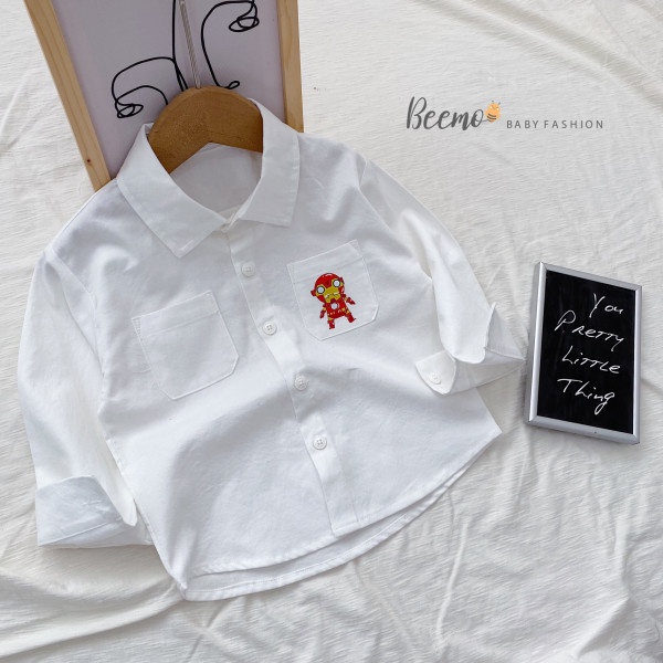 Áo sơ mi bé trai Beemo Hàn Quốc có túi áo màu trơn trắng, nâu - ATBA