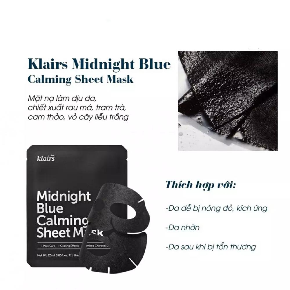 Mặt Nạ Dear, Klairs Làm Dịu Da Cấp Ẩm Ngừa Mụn Midnight Blue Calming & Rich Moist Soothing Tencel Sheet Mask 25ml