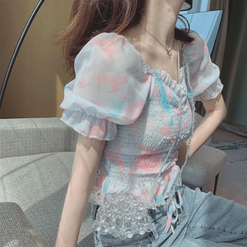 Áo Chiffon Cổ Vuông Tay Phồng Phối Dây Rút Họa Tiết Tranh Sơn Dầu Phong Cách Thời Trang Mới 2022
