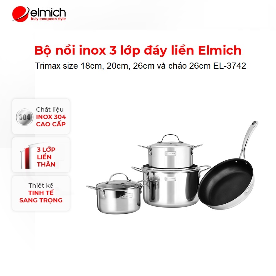 Bộ nồi chảo Inox cao cấp 3 lớp liền đáy Elmich TriMax EL-3742